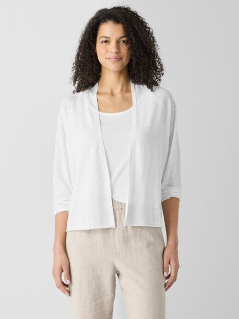 Eileen Fisher Sz L Organic Linen Knit High Collar Cardigan Boxy Fit Open Front L